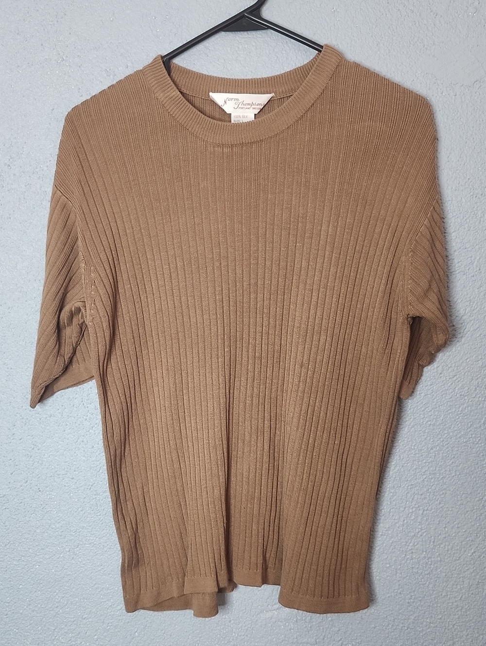 Norm Thompson Ribbed Silk Short-Sleeve Top in Camel Brown